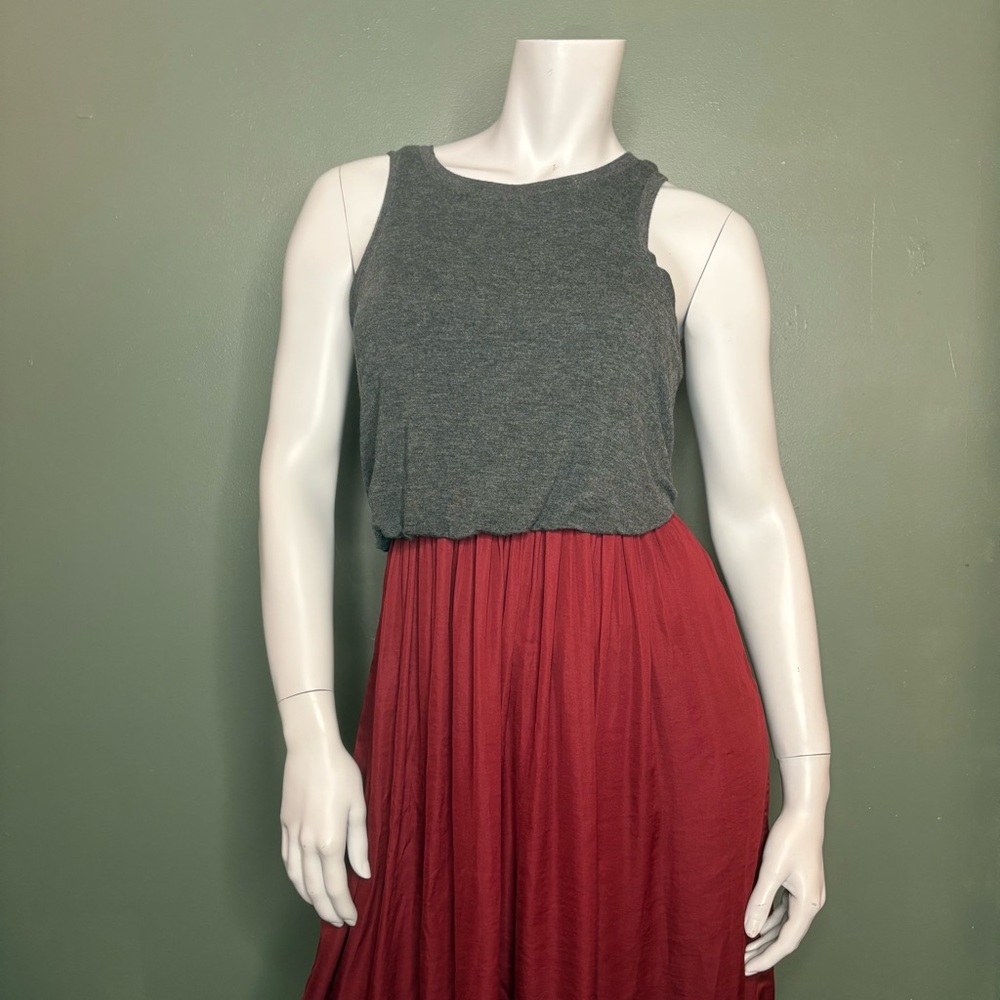 LOFT Charcoal Gray Jersey and Crimson Silky Sleeveless Dress